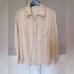POL clothing Small blouse button down vintage print ivory tan floral lightweight